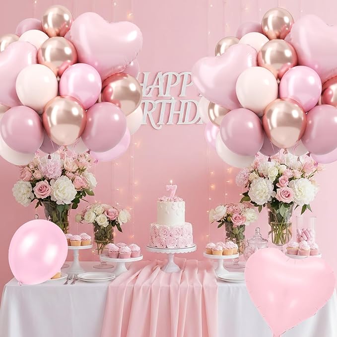 Dusty Pink Balloons, 12 Inch Double Stuffed Dusty Blush Pearl Baby Pink Cream Beige Latex Balloons with Heart Foil Balloon for Girls Women Boho Birthday Bachelorette Wedding Party Decoration