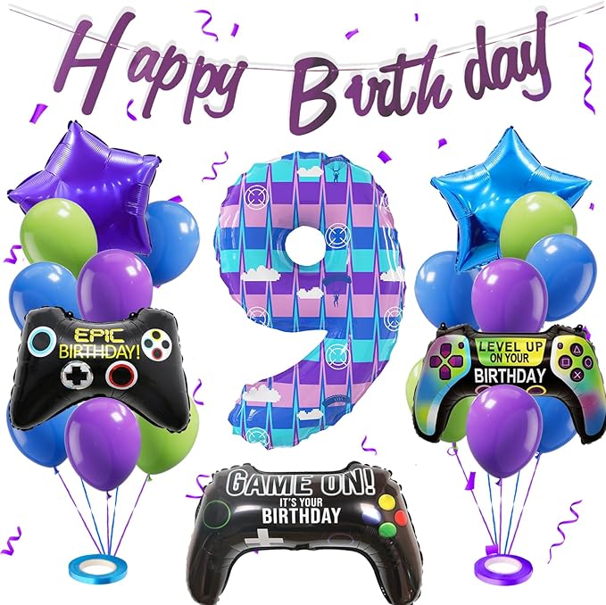 Video Game Theme Birthday Party Number Balloons Piñata Gaming Party Decor Balloons Large Number Balloons for Kids Battle Boys Birthday Party Decoration Supplies(Number 9 Set)