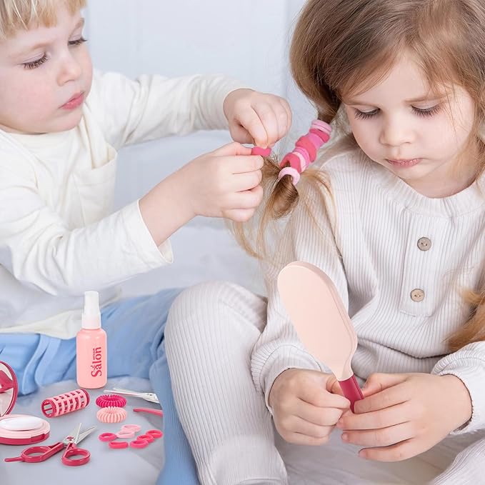 GAGAKU Kids Pretend Play Hair Salon Set, Pink, 36 Piece Beauty Styling Accessories Kit with Toy Dryer, Scissors, Combs for Girls