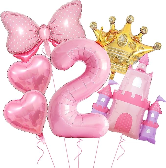 Princess Balloons for 2nd Birthday Decorations for Girl Pink Castle Balloons Large Pink Crown Number 2 Balloon for Princess Birthday Party Decorations