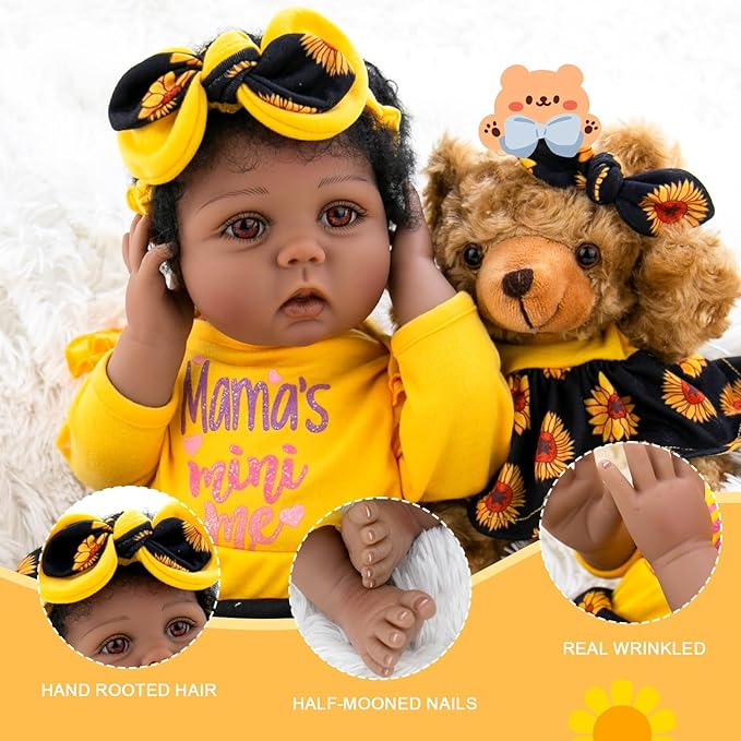 Aori Reborn Baby Dolls Black - 22 Inches Realistic Baby Doll Black American Lifesize Reborn Girls with Hair, Gift Set for Kids 3+, Parents-to-be, Grandparents