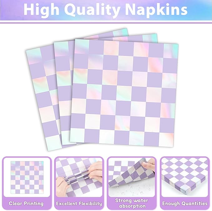 96Pcs Iridescent Birthday Party Supplies Purple Checkered Paper Plates Napkins Holographic Party Tableware Set Sparkle Tableware for Birthday Baby Shower Bachelorette Decoration Serve 24