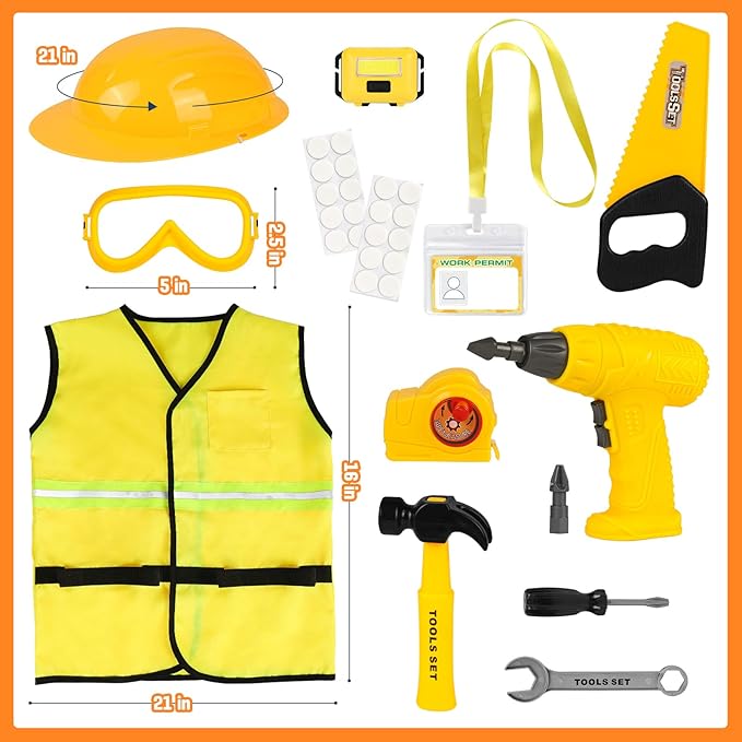 Construction Worker Costume for Kids, Toddler Dress Up Clothes with Kids Tool Set, Construction Vest & Hat, Helmet Light, Electric Drill, Toddler Costumes Pretend Play Toys for Boys Gift Age 4+