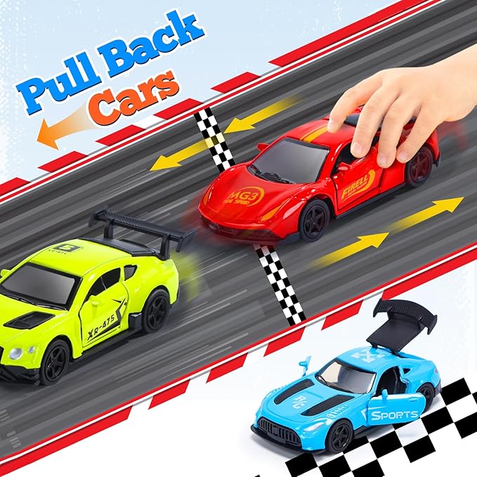 CUTE STONE 12 Pack Filled Easter Eggs with Alloy Racing Car Toy, Prefilled Easter Basket Stuffers Party Favors for Kids, Boys and Girls