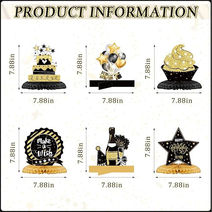 Clabby 12 Pcs Gold Black Birthday Decorations Gold Happy Birthday Table Centerpieces Honeycomb Cute Table Top for Women Men Best Wishes Anniversary Party Supplies 21st 30th 40th 50th 60th 70th