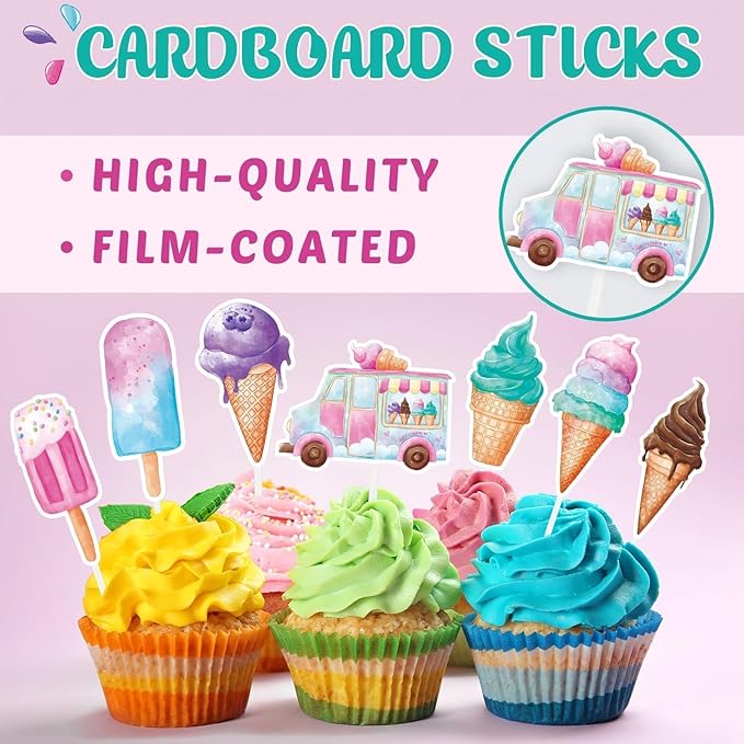 WERNNSAI 35 PCS Ice Cream Cupcake Toppers - Ice Cream Summer Birthday Party Cake Decorations for Kids Girls Ice Cream Cake Toppers Picks Sweet Cake Decors Summer Birthday Party Supplies