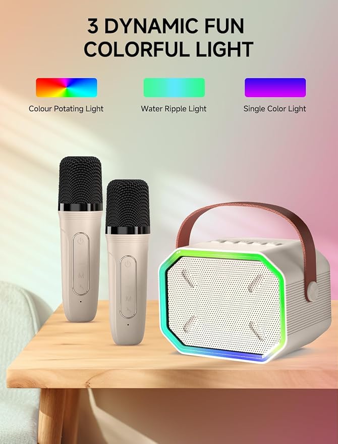 Karaoke Machine for Kids and Adults, Mini Portable Bluetooth Speaker with 2 Wireless Microphones, Led Lights for TV, Kids Gifts for Girls Boys Family Party Birthday (Beige)