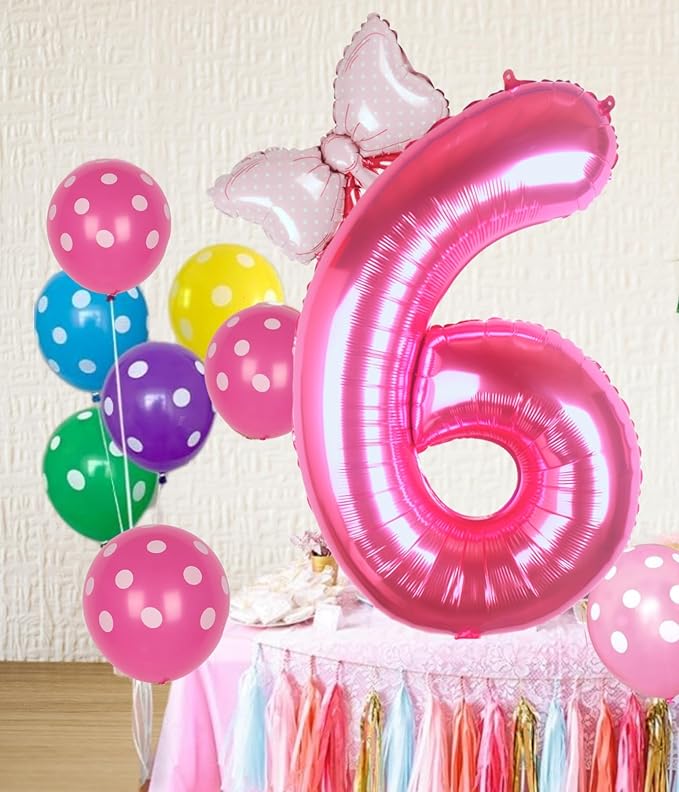 40 Inch Pink Number 6 Balloon with Mini Bow Balloon for Girls 6th Birthday Decorations, Pink Princess Western Cowgirl Theme Birthday Party Balloons Decorations Supplies
