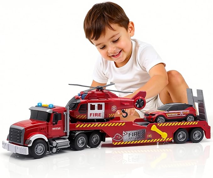 21" Large Semi Fire Truck with Helicopter & Racing Car,Fire Toys Car for Kids Toddlers 3 4 5 6 7, Friction Powered Vehicle with Lights & Sounds,Christmas Birthday Gift for Boys Girls
