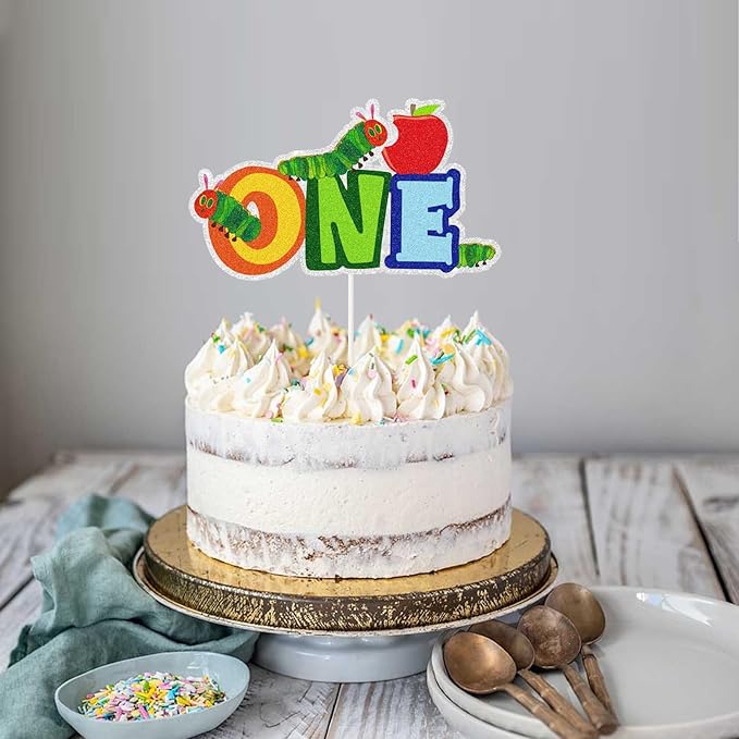 Cartoon Hungry Caterpillar One Year Old Cake Topepr, Reading Story Theme 1st Birthday Cake Decor,Summer Spring First Birthday Party Decorations for Boys Girls