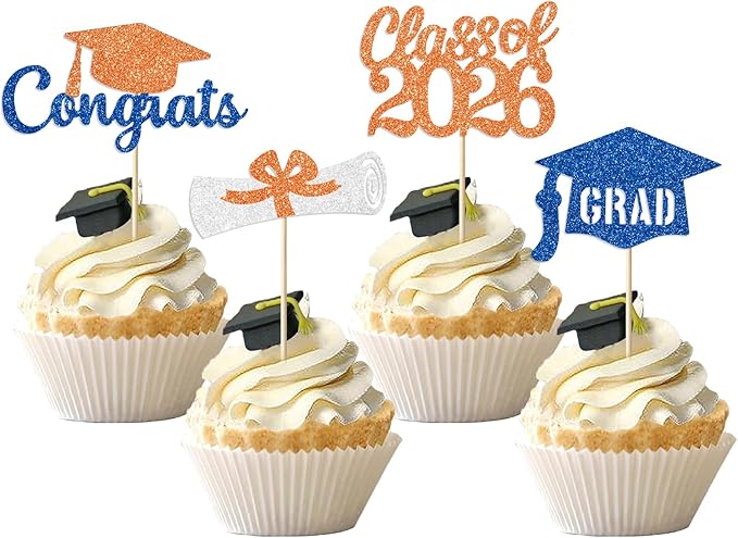 Blue and Orange Graduation Cupcake Toppers Decorations Class of 2026 Cupcake Topper Graduation Cup Cake Picks Congrats Grad Party Decor Supplies Set of 24