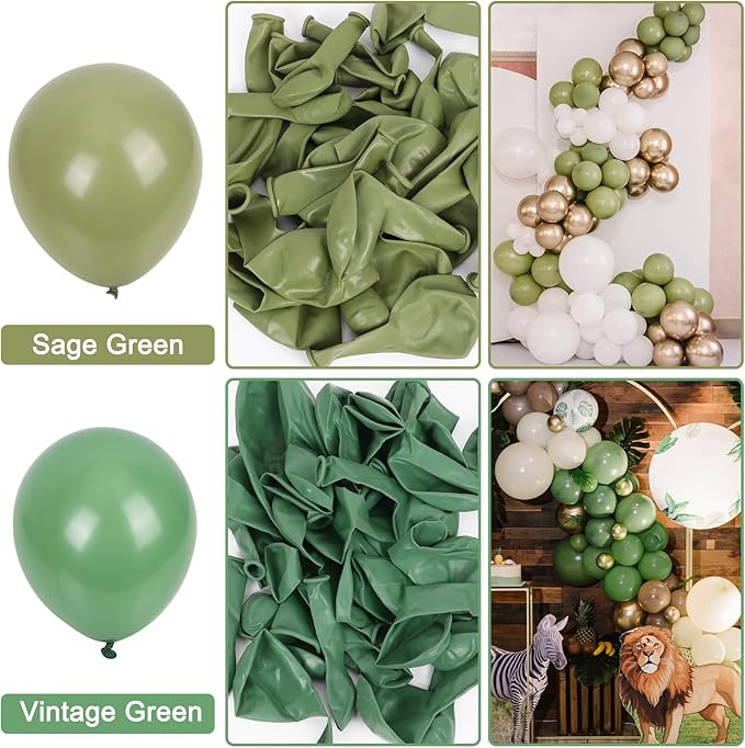 RUBFAC Sage Green Balloons 129pcs Different Sizes 18 12 10 5 Inch, Olive Green Latex Balloon Garland Arch Kit for Birthday Party Graduation Baby Shower Wedding Safari Jungle Balloon Decoration
