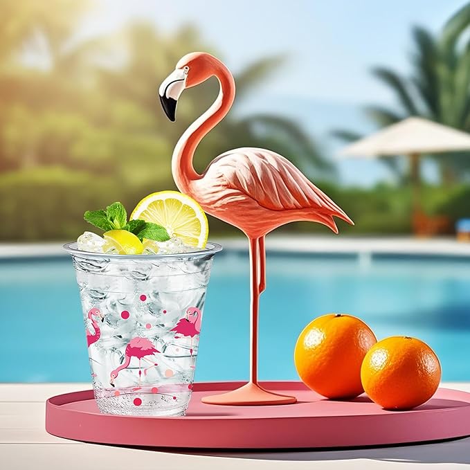 Uiifan 50 Pcs Flamingo Plastic Cups Bulk Summer Tropical Party Favor 12 oz Disposable Pink Flamingo Cups Hawaiian Luau Birthday Party Supplies for Hot Cold Drinking Beverage Bridal Shower Wedding