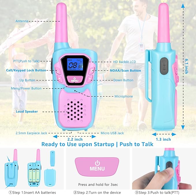Walkie Talkies for Kids Girls Boys Toddler Long Range Walkie-Talkie Rechargeable 2 Pack for Adults Seniors Camping Skiing Cruise, Family Pink 2 Way Radio Toys with Lanyard NOAA USB VOX