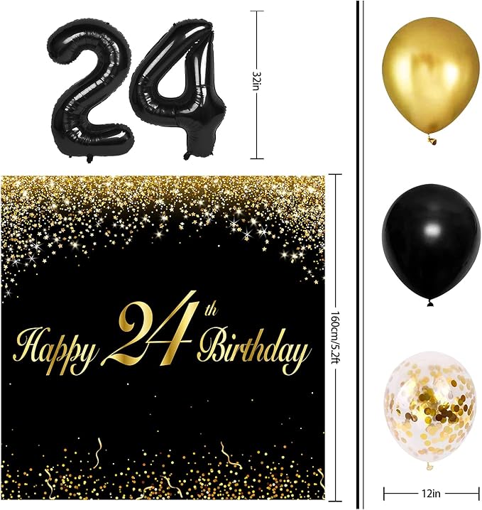 Happy 24th Birthday Balloons Black Set Decor - Cheers to 24 Years Old Party Theme Garland Banner Backdrop Decorations For Women and Men Supplies