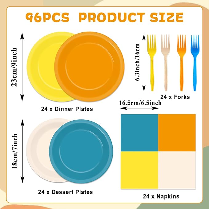 96PCS orange and yellow Party Paper Plates and Napkins for Boho Sun Party Supplies Retro Blue Orange Mustard Yellow Disposable Tableware Set for 24 Guests Baby Shower Birthday Parties Decorations