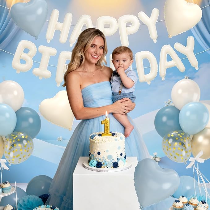 29PC Blue Heart Happy Birthday Balloon Banner, 16Inch 3D Aluminum Letter Banner Sign, Dusty Blue Metallic Gold Sand White Balloon 18 Inch Heart Foil Balloons for Boy Baby Shower Decorations