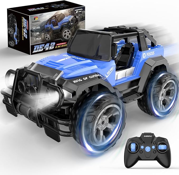 DEERC DE42 Remote Control Car RC Racing Cars,1:18 Scale 80 Min Play 2.4Ghz LED Light Auto Mode Off Road RC Trucks with Storage Case,All Terrain SUV Cars Toys Gifts for Boys Kids Girls Teens,Blue