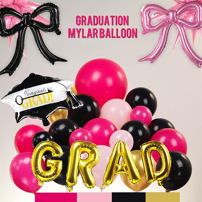 Pink and Black Balloon Garland Arch Kit Include Bow balloons grad letter balloons for 2025 Graduation Birthday Wedding Baby Shower Anniversary Bachelorette Bridal Party Decorations