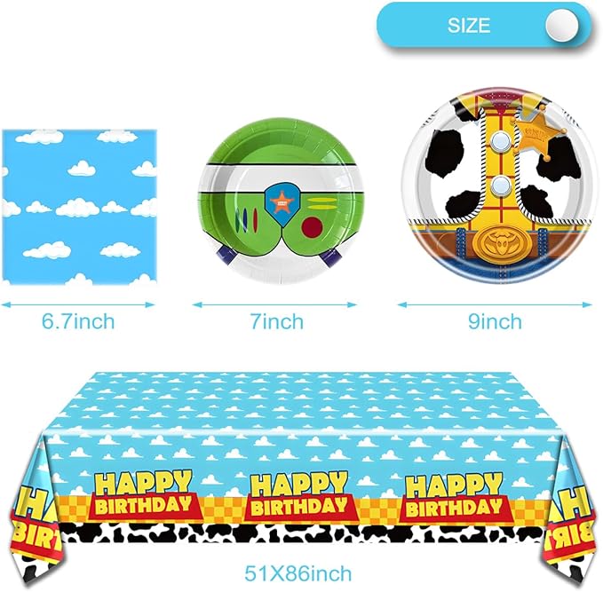 Cartoon Story Party Tableware Set, Blue Sky White Cloud Cow Tablecloth, Toy Theme Birthday Party Tableware Set