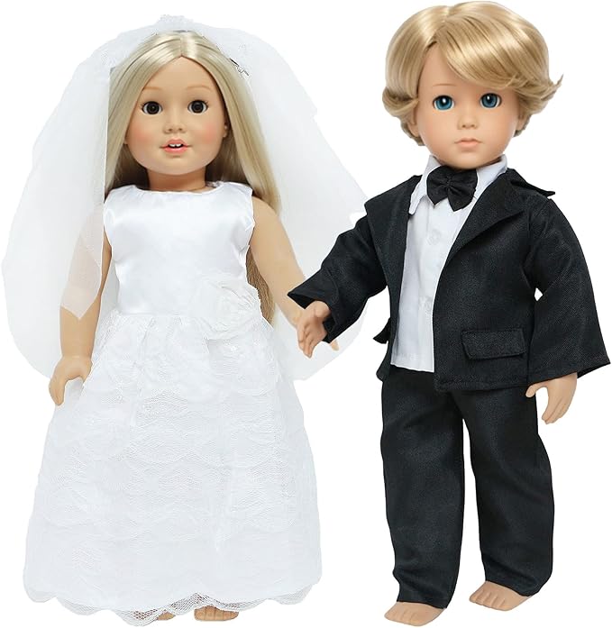 18 Inch Doll Clothes Accessories Wedding Set, Bride Wedding Dress and Groom Suit Outfit, Veil, Bow Tie for American 18 Inch Doll Girl Boy Ball Party