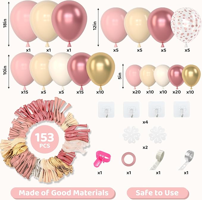 Amandir 153Pcs Boho Blush Balloon Garland Arch Kit, Nude Cream Peach Dusty Rose Pink Gold Confetti Metallic Balloon for Valentines Day Baby Shower Birthday Party Wedding Decorations