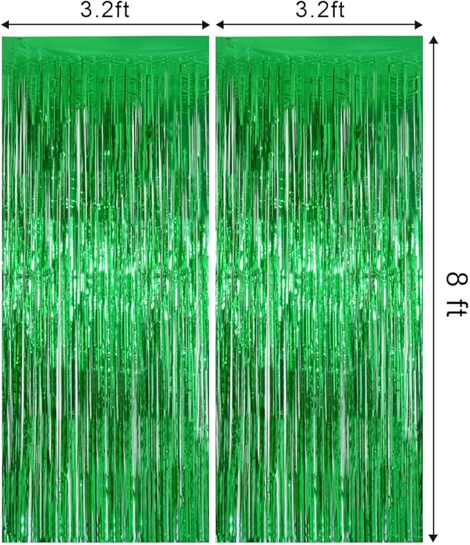 Melsan Green Fringe Backdrop Tinsel Foil Curtains for Dinosaur Jungle Birthday Party Decorations, 3.2ft x 8ft Streamer Photo Backdrop for Christmas, Football Event, Pack of 2