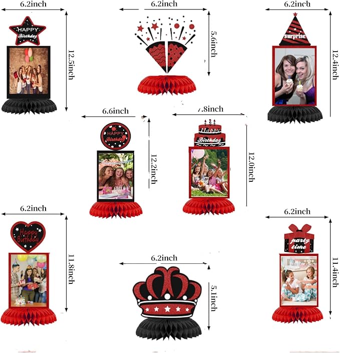 9Pcs Black Red Birthday Decorations Honeycomb Centerpieces Red Theme Birthday Photo Table Centerpiece Party Supplies 16th 30th 40th 50th 60th Bday Table Topper