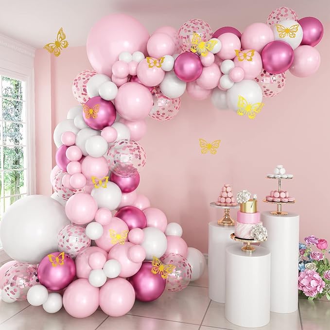 Pink and White Balloon Arch Garland Kit, Pink White Metallic Magenta Confetti Latex Balloons and Butterfly Accessories for Baby Shower Wedding Birthday Anniversary Party Decorations
