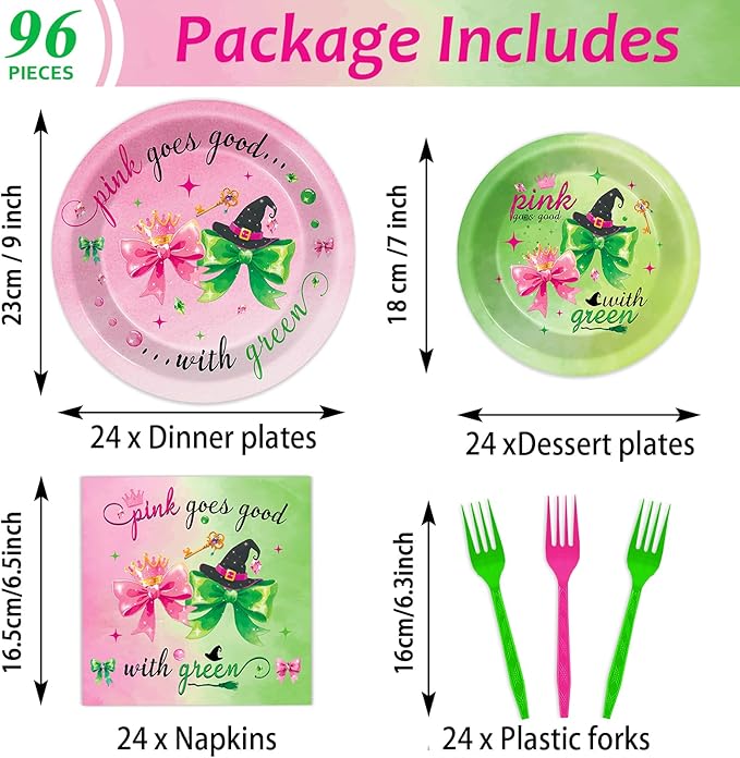 96PCS Witch Birthday Party Decorations Tableware Pink and Green Plates and Napkins Disposable Witch Tableware Set for Girls Birthday Party Decorations Baby Shower Movie Fans Decor Severs 24 Guests