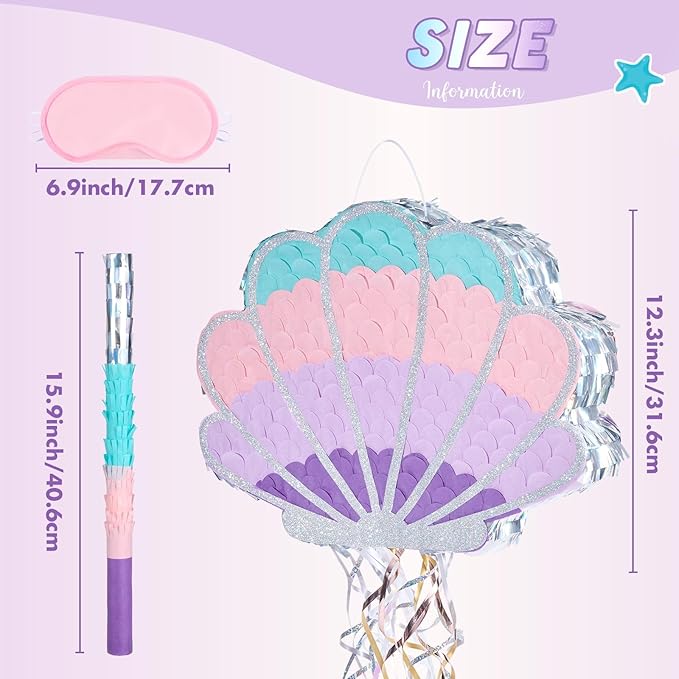 Wernnsai Mermaid Seashell Piñata - Pink Shellfish Piñatas for Kids Girls Birthday Mermaid Princess Party Decorations Under The Sea Ocean Theme Party Games With Bat Blindfold 16“ x 12.5" x 3"