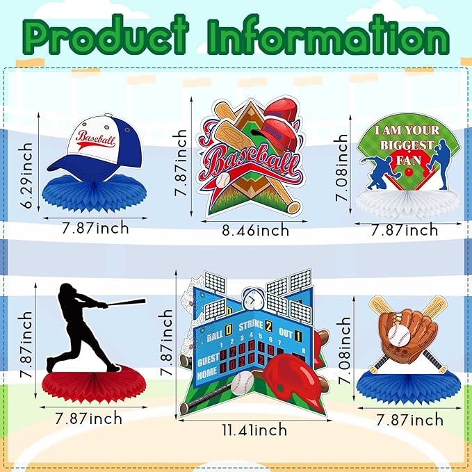 Marspark 12 Pcs Baseball Party Decoration Baseball Centerpieces Birthday Party Supplies Honeycomb Centerpieces Sports Theme Decor for Birthday Baby Shower