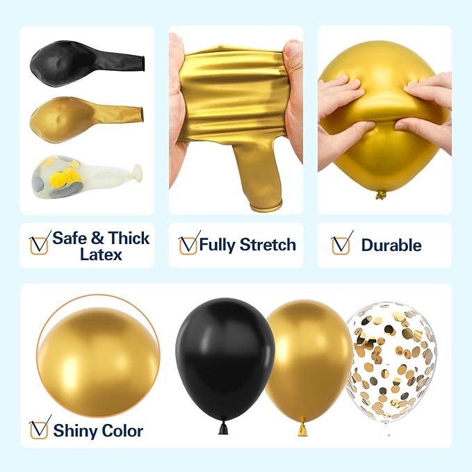 137Pcs Black and Gold Balloons Garland Arch Kit with Stars - 5 10 12 18 inch Black Gold Confetti Latex Party Balloons for 2026 New Year Graduation Retirement Decorations Birthday