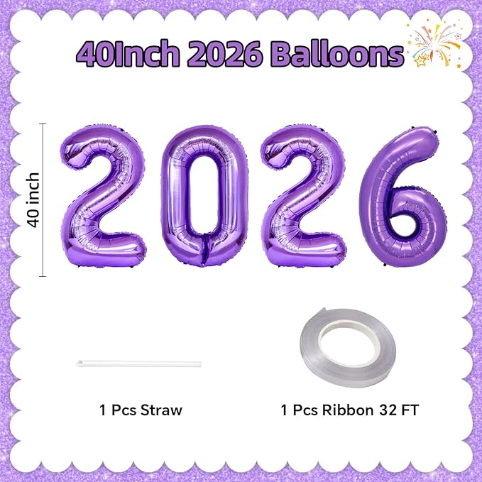 KALOR 42 Inch 2026 Purple Foil Mylar Number Balloons, 2026 New Years Decorations for 2026 Happy New Year Eve and Graduations Party Supplies