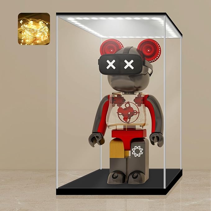 LANSCOERY Acrylic Display Case with Adjustable Yellow/White/Warm LED Light, UV Protection Clear Display Box, Dustproof Showcase for Action Figures, Models, Collectibles - 9.8x9.8x13.8inch