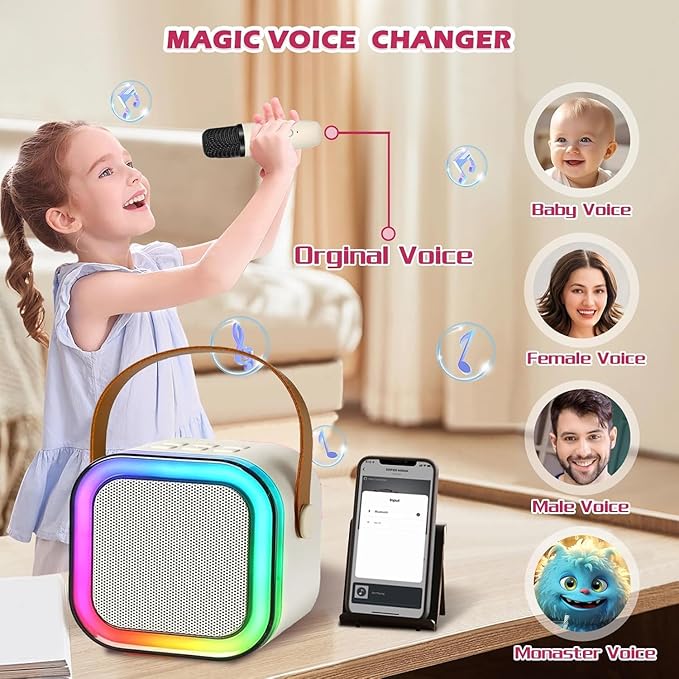 Karaoke Machine for Kids,2025 New Mini Portable Karaoke Toys, Karaoke Speaker with 2 Wireless Microphone & Light for Home Party for Adults (Beige-2Mic)