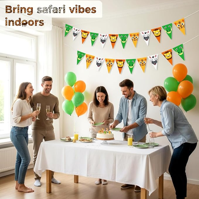 HESTYA 5 Pcs 49 Ft Safari Party Decorations Pennant Banner, Pre-Assembled Animal Print Jungle Theme Birthday Supplies, Large Triangle Flag Bunting Garland for Baby Shower Indoor Outdoor Hanging