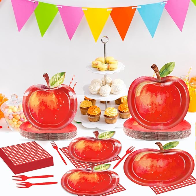 96Pcs Watercolor Apple Paper Plates Apple Birthday Party Supplies Red Gingham Napkins and Forks Fruit Themed Disposable Dinnerware for Back to School Classroom Kindergarten Home Party Serves 24