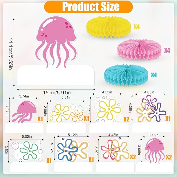 Yellow Cartoon 3D Honeycomb Centerpieces Bikini Flower Jellyfish Table Centerpieces Under the Sea Bubble Table Toppers with 9 Designs for Ocean Theme Birthday Party Baby Shower Wedding Decorations