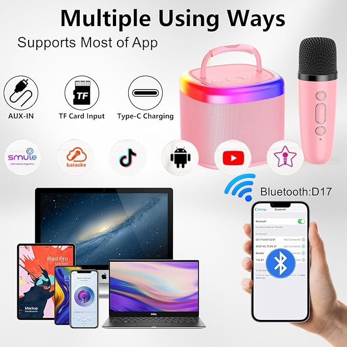 Karaoke Machine for Adults Kids, Mini Karaoke Machine with 2 Wireless Microphones, Portable Singing Speaker for Home Party, Kids Holiday Birthday Gifts, Music for Girls Boys All Age 3-12+