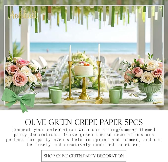 AOBKIAT Wedding Party Decorations, 5 Rolls Olive Green Khaki Crepe Paper Streamers for Green Boho Wedding, Birthday, Bridal/Baby Shower