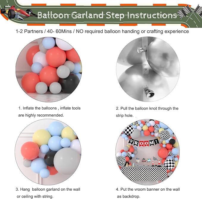 Race Balloon Garland Arch Kit Pastel Coral Gray Yellow Baby Blue Black White Balloons with Checkered Foil Balloons Tablecloth Flag Banner for Car Sports Birthday Baby Shower Decorations Party Supplies
