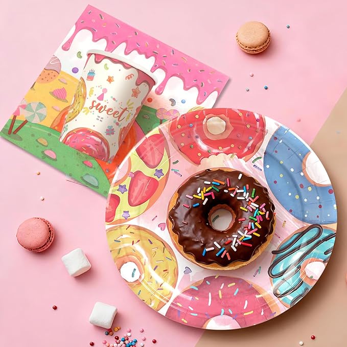 96Pcs Sweet One Birthday Party Decorations Donut Dessert Paper Plates and Napkins Cups Disposable for Girl Boy Donut First Birthday Decorations, Serve 24