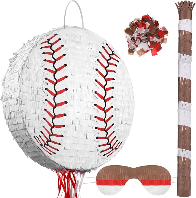 Baseball Piñata with Blindfold Bat for Birthday Party Softball Paper Piñata Sports Balls Confetti Baseball Party Supplies for Birthday Party Decorations 13.19 x 13.19 x 3 Inch(Simple)