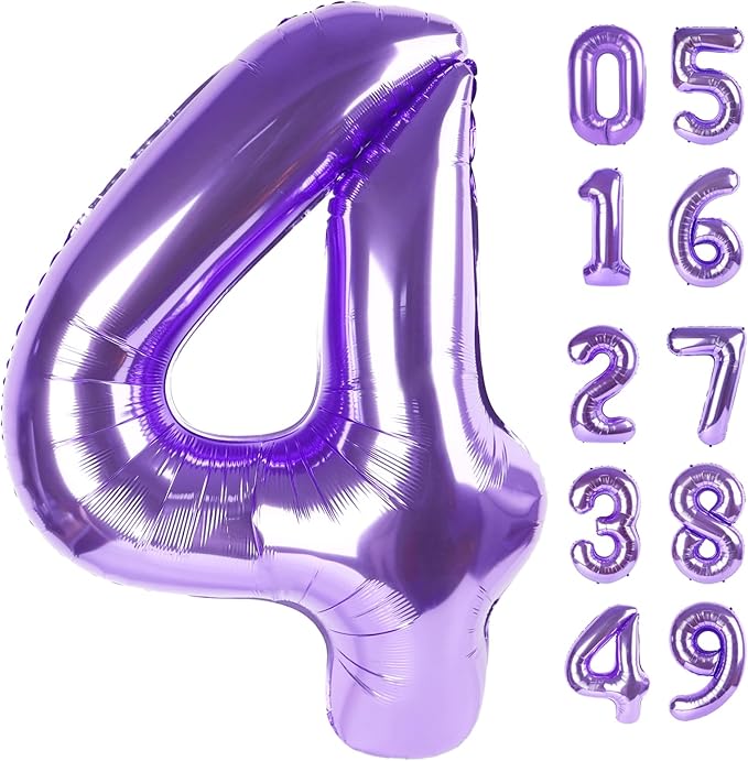 Jumbo Mylar Purple Number 4 Balloon 40 Inch, Big Number 4 Balloons Birthday Decorations, 4th Four 4 14 24 24 44 54 64 Year Old Birthday Party, Large Size Digit Numbers Balloon Supplies