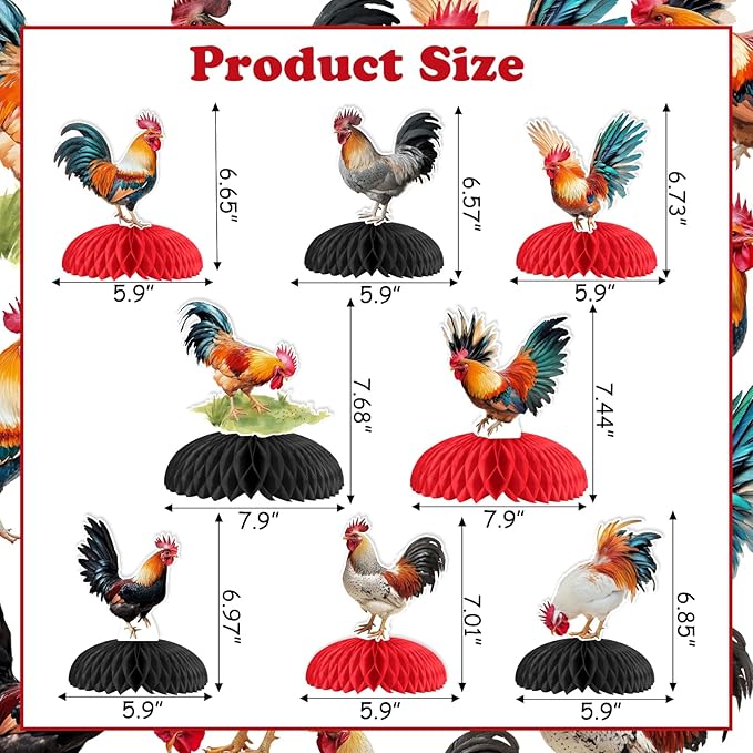 JOYMEMO 8 Pieces Rooster Honeycomb Centerpieces for Tables - Chicken Farm Theme Birthday Decorations, Chick Backyard Table Toppers for Rooster Party Supplies
