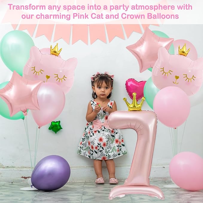 Pink Cat Balloon Set, Crown Cat Foil Balloon, 7 Year Old Girl Birthday Party Decoration,Theme Party Supplies for Girls Kitten Pet Cat (7)