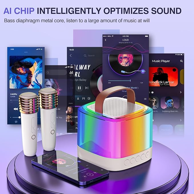 Mini Karaoke Machine for Kids with 2 Wireless Microphones, Portable Bluetooth Speaker & LED Lights, Birthday Gift Toy for Girls and Boys Ages 3–12+ (White)