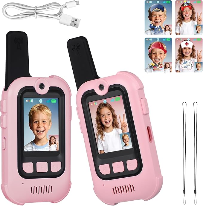 Video Walkie Talkies for Kids with Real-Time Screen & Voice Changer, 1000FT Long Range Kids Walkies Talkies, USB-C Rechargeable & Cute Stickers, Outdoor Toys for Family Games, Camping, Hiking