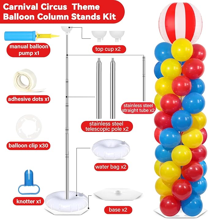 2 Sets Carnival Circus Balloon Column Stand Kit with 102 Balloons 5.57ft Adjustable Balloon Tower Stand with Bases Red and White Striped Balloons Arch Column for Carnival Birthday Party Supplies